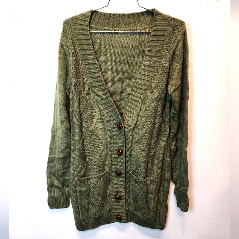 New Olive Green Cardigan‎ Sweater Soft Acrylic Cable Knit Size S